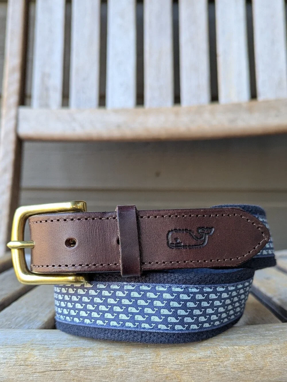 Vineyard Vines Vineyard Whale Canvas Club Belt Size 30 Brown Leather Blue Whale